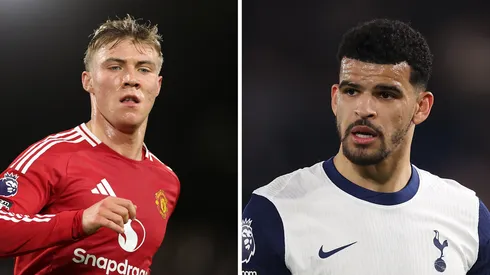 Hojlund, do Manchester United (Photo by Richard Heathcote/Getty Images) e Solanke, do Tottenham (Photo by Julian Finney/Getty Images)