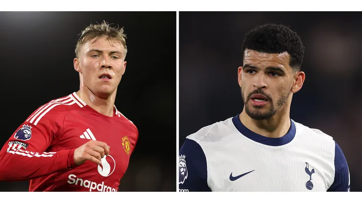 Hojlund, do Manchester United (Photo by Richard Heathcote/Getty Images) e Solanke, do Tottenham (Photo by Julian Finney/Getty Images)