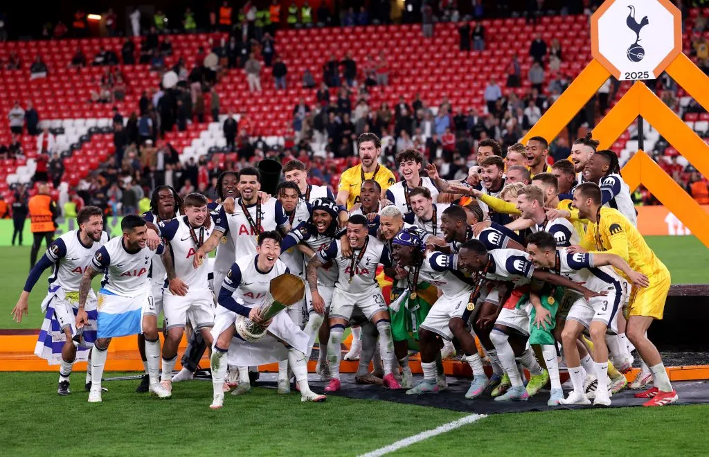 Son Heung-Min of Tottenham Hotspur prepares to lift the UEFA Europa League trophy after his team's victory in the UEFA Europa League Final 2025 between Tottenham Hotspur and Manchester United at Estadio de San Mames on May 21, 2025 in Bilbao, Spain. (Photo by Ryan PierseGetty Images)