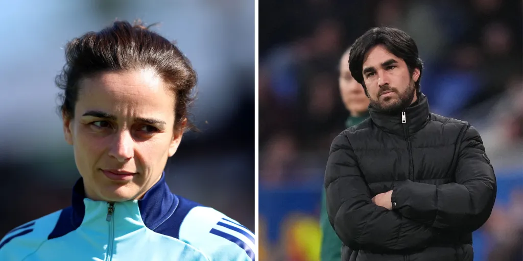 Renée, treinadora do Arsenal (Photo by Tom Dulat/Getty Images) e Pere Romeu, técnico do Barcelona (Photo by Alex Caparros/Getty Images)