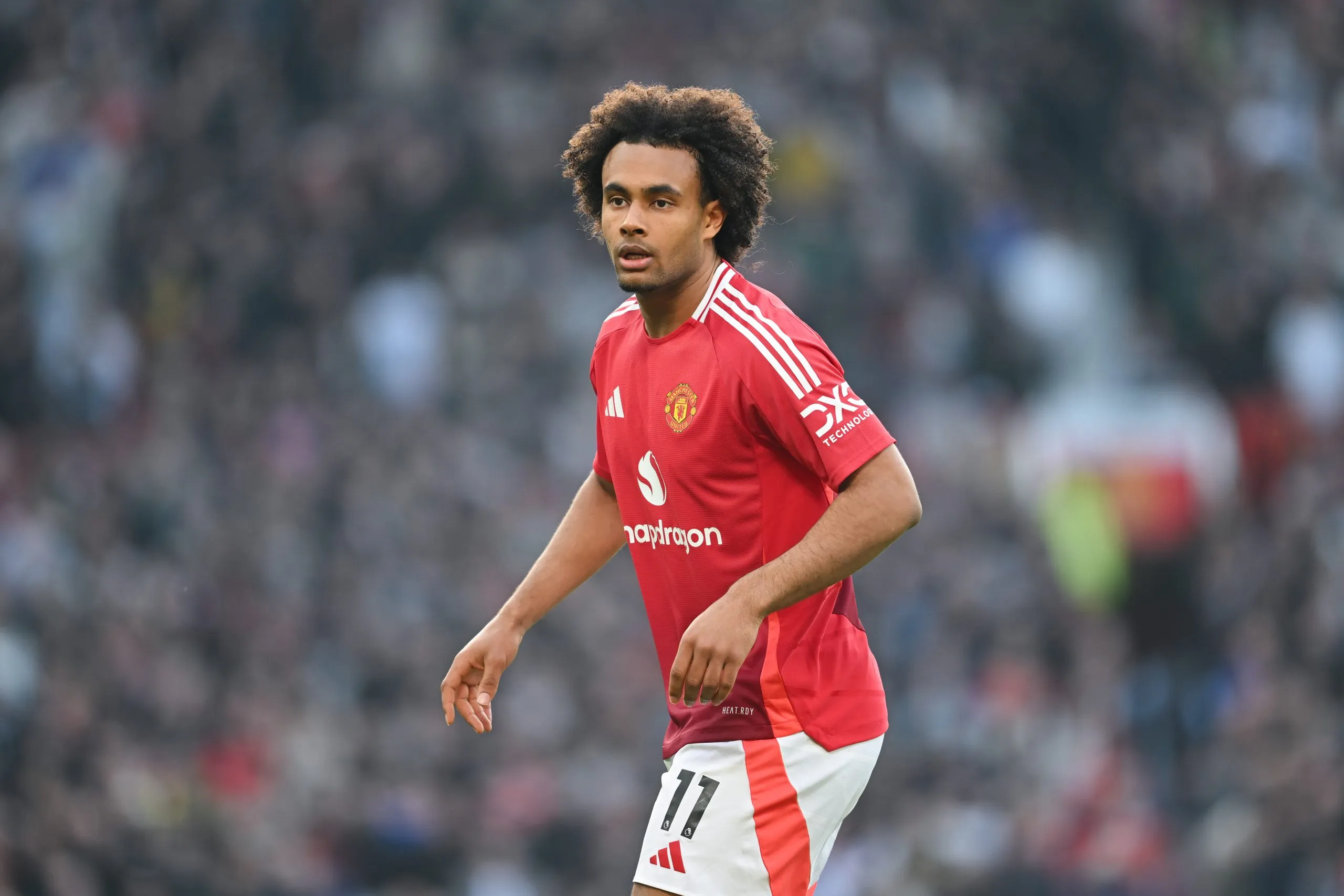 Joshua Zirkzee, do Manchester United, observa durante a partida da Premier League entre Manchester United e Arsenal, em Old Trafford, no dia 9 de março de 2025, em Manchester, Inglaterra. (Foto de Michael Regan/Getty Images)