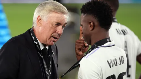 Ancelotti e Vini Jr, da Seleção Brasileira. (Photo by Alex Grimm/Getty Images)