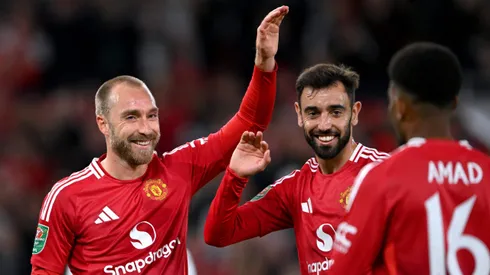 Christian Eriksen e Bruno Fernandes juntos no Manchester United. Foto: Stu Forster