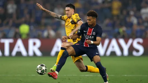 Alessandro Bastoni e Desiré Doué na final da Champions League. Foto: Carl Recine