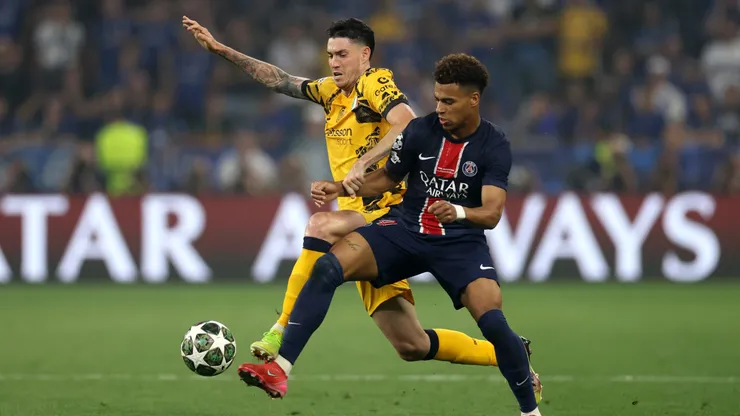 Alessandro Bastoni e Desiré Doué na final da Champions League. Foto: Carl Recine