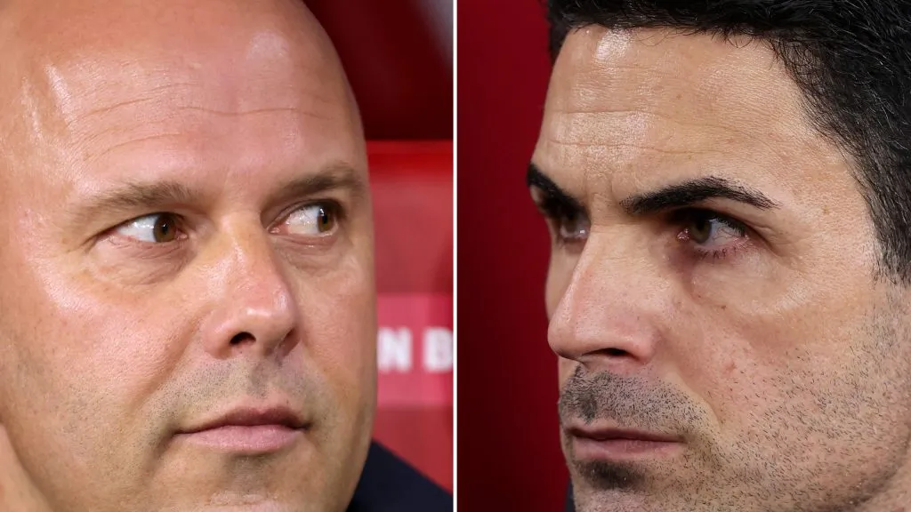 Arne Slot, técnico do Liverpool e Arteta, técnico do Arsenal. Foto: Maja Hitij/Julian Finney/Getty Images