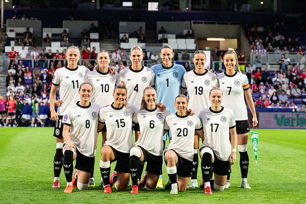 VIENNA, AUSTRIA – JUNE 03: Players of Germany pose for a team photo prior to the UEFA Women’s Nations League 2024/25 Grp A1 MD6 match between Austria and Germany on June 03, 2025 in Vienna, Austria. (Photo by Christian Bruna/Getty Images)