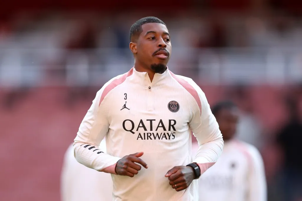 Presnel Kimpembé em aquecimento pelo PSG (Photo by Alex Davidson/Getty Images)