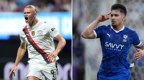 Haaland e Marcos Leonardo. Fotos: Alex Grimm e Yasser Bakhsh