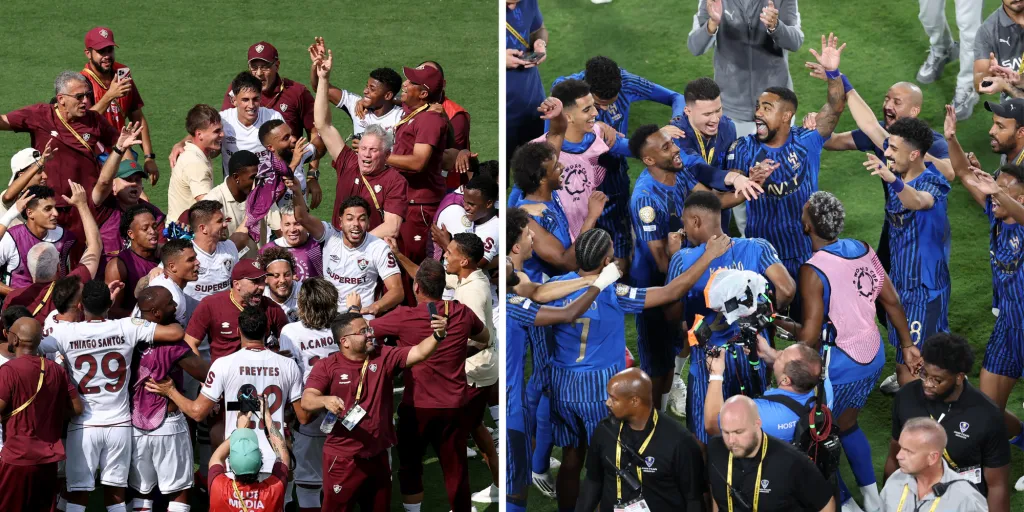 Jogadores do Fluminense&nbsp;(Photo by Buda Mendes/Getty Images) e atletas do Al-Hilal (Photo by Megan Briggs/Getty Images) comemoram classificação às quartas de final do Mundial de Clubes. Equipes vão se enfrentar nesta sexta (4)