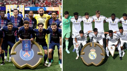 jogadores do psg (Photo by Kevin C. Cox/Getty Images) e jogadores do real madrid (Photo by Sandra Montanez/Getty Images)