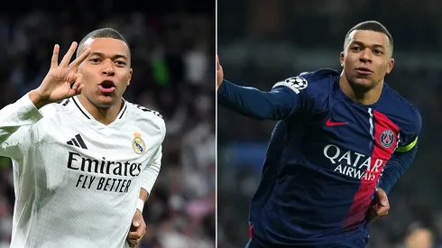 Mbappé, pelo Real Madrid (Photo by David Ramos/Getty Images) e pelo PSG (Photo by Alex Caparros/Getty Images)
