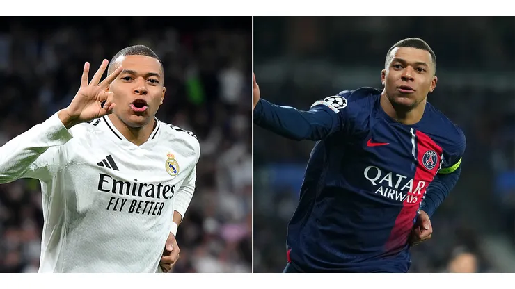 Mbappé, pelo Real Madrid (Photo by David Ramos/Getty Images) e pelo PSG (Photo by Alex Caparros/Getty Images)