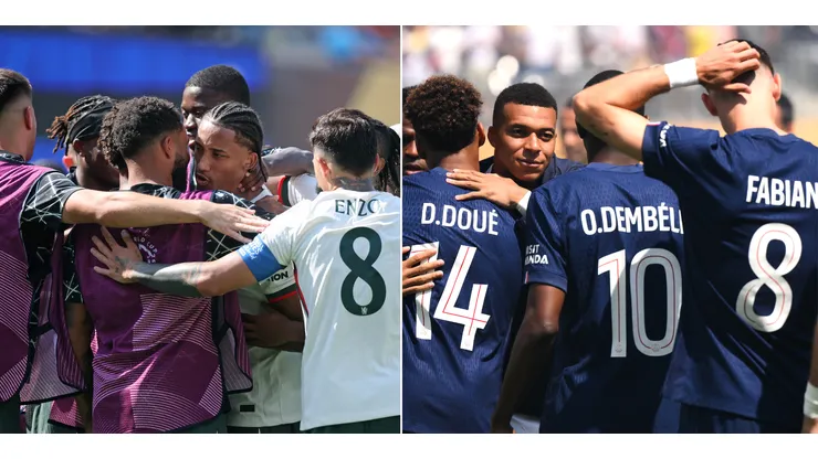 jogadores do chelsea (Photo by Alex Grimm/Getty Images) e jogadores do psg (Photo by David Ramos/Getty Images)
