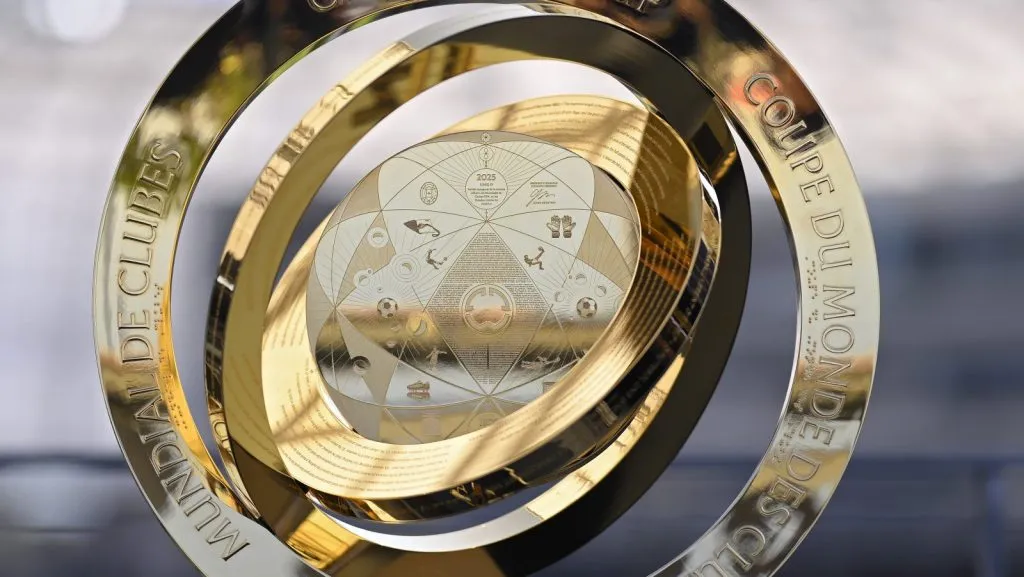 LOS ANGELES, CALIFORNIA – JUNE 08: A detailed view of the FIFA Club World Cup trophy on display at BMO Stadium before the game between the Los Angeles FC and the Sporting Kansas City on June 08, 2025 in Los Angeles, California. (Photo by Orlando Ramirez/Getty Images)
