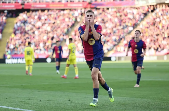 Fermín Lopez comemorando gol pelo Barcelona.  (Photo by Judit Cartiel/Getty Images)