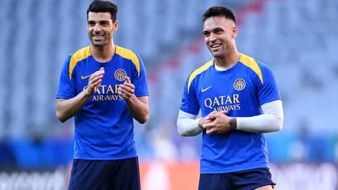 MUNICH, GERMANY – MAY 30: Mehdi Taremi, Lautaro Martinez and Nicola Zalewski of FC Internazionale react during a FC Internazionale training session ahead of the UEFA Champions League Final 2025 between Paris Saint-Germain and FC Internazionale Milano at Munich Football Arena on May 30, 2025 in Munich, Germany. (Photo by Justin Setterfield/Getty Images)