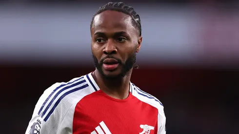 LONDON, ENGLAND - APRIL 23: Raheem Sterling of Arsenal reacts during the Premier League match between Arsenal FC and Crystal Palace FC at Emirates Stadium on April 23, 2025 in London, England. (Photo by Ryan Pierse/Getty Images)