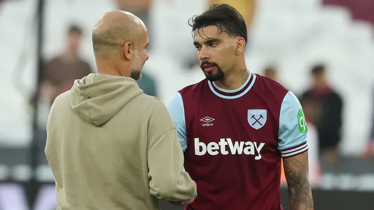 Lucas Paquetá e Guardiola após jogo entre West Ham e Manchester City