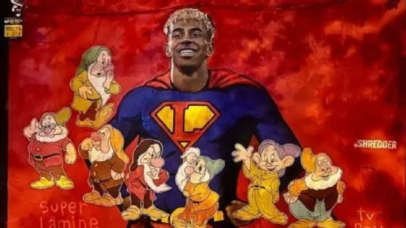 Mural de Lamine Yamal vandalizado em Barcelona. Foto: Reprodução