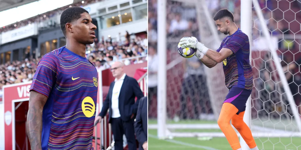 Rashford de camisa azul com detalhes e Joan García. Ter Stegen pode ajudar nas inscrições