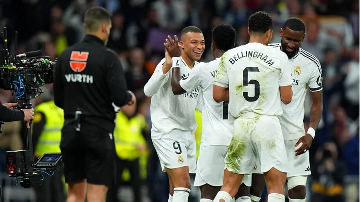 O Real Madrid domina entre os clubes, com Mbappé, Vinícius Júnior e Bellingham entre os nomes de maior faturamento. (Photo by Angel Martinez/Getty Images)