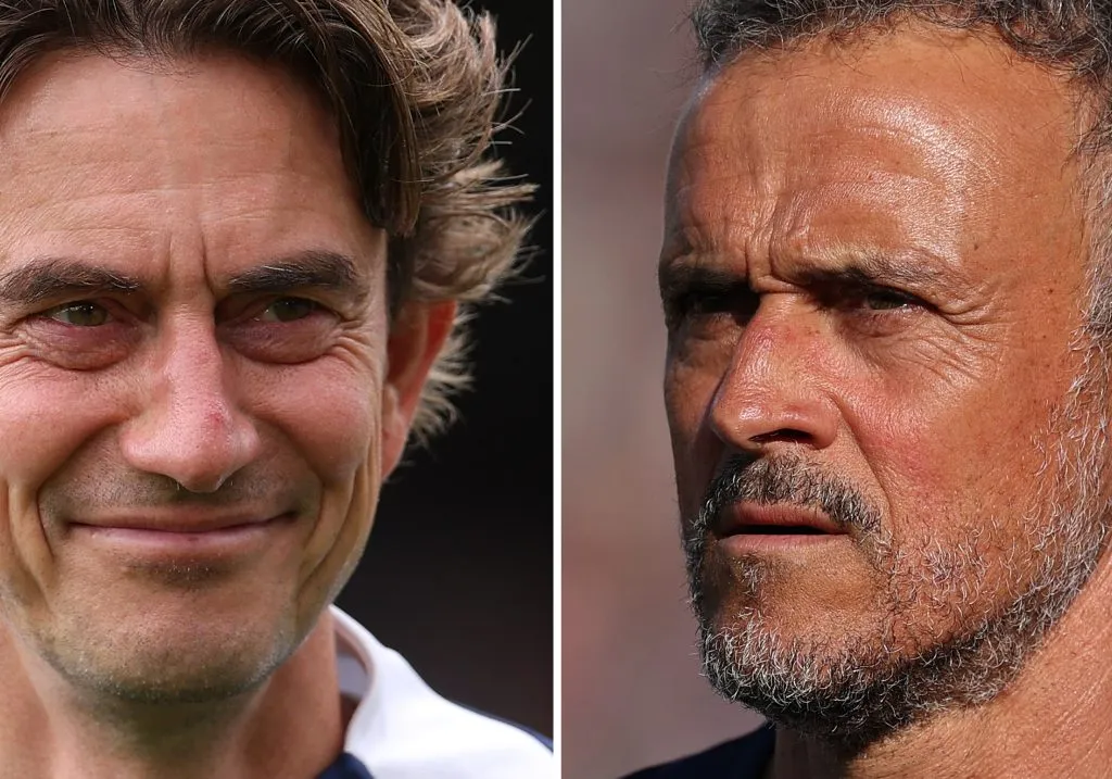 Luis Enrique, PSG x Tottenham - Thomas Frank de camisa branca e Luis Enrique de camisa preta 