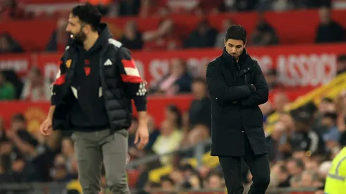 MANCHESTER, ENGLAND - MARCH 09: Mikel Arteta, Manager of Arsenal, reacts during the Premier League match between Manchester United FC and Arsenal FC at Old Trafford on March 09, 2025 in Manchester, England. (Photo by Carl Recine/Getty Images)