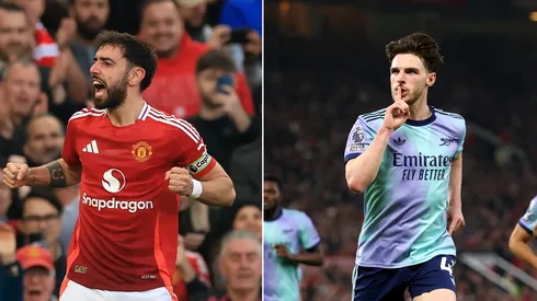 Bruno Fernandes, atacante do Manchester United | Declan Rice, jogador do Arsenal. Fotos: Carl Recine/Getty Images