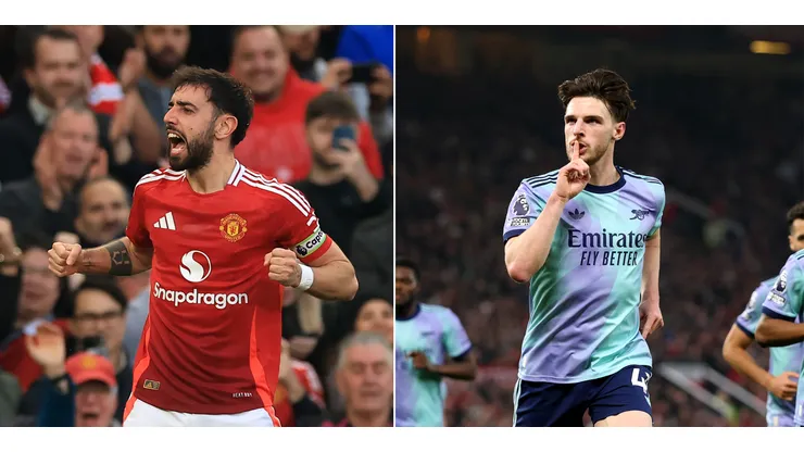 Bruno Fernandes, atacante do Manchester United | Declan Rice, jogador do Arsenal. Fotos: Carl Recine/Getty Images