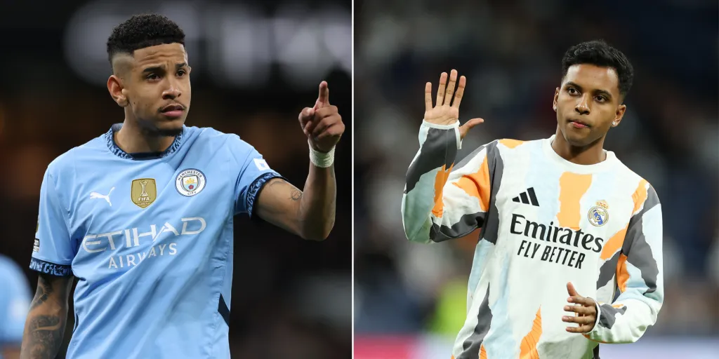 Savinho, de camisa azul e Rodrygo, com a camisa branca do Real Madrid.