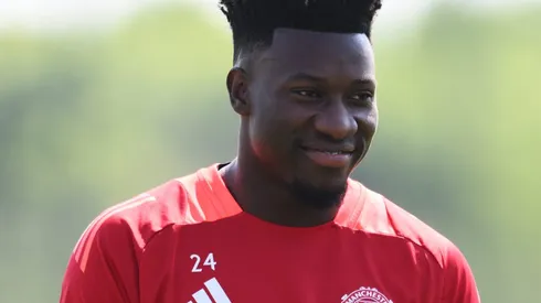 MANCHESTER, ENGLAND - MAY 20: Andre Onana of Manchester United reacts during a Manchester United training session ahead of the UEFA Europa League Final 2025 between Tottenham Hotspur and Manchester United at Carrington Training Ground on May 20, 2025 in Manchester, England. (Photo by Ben Roberts Photo/Getty Images)