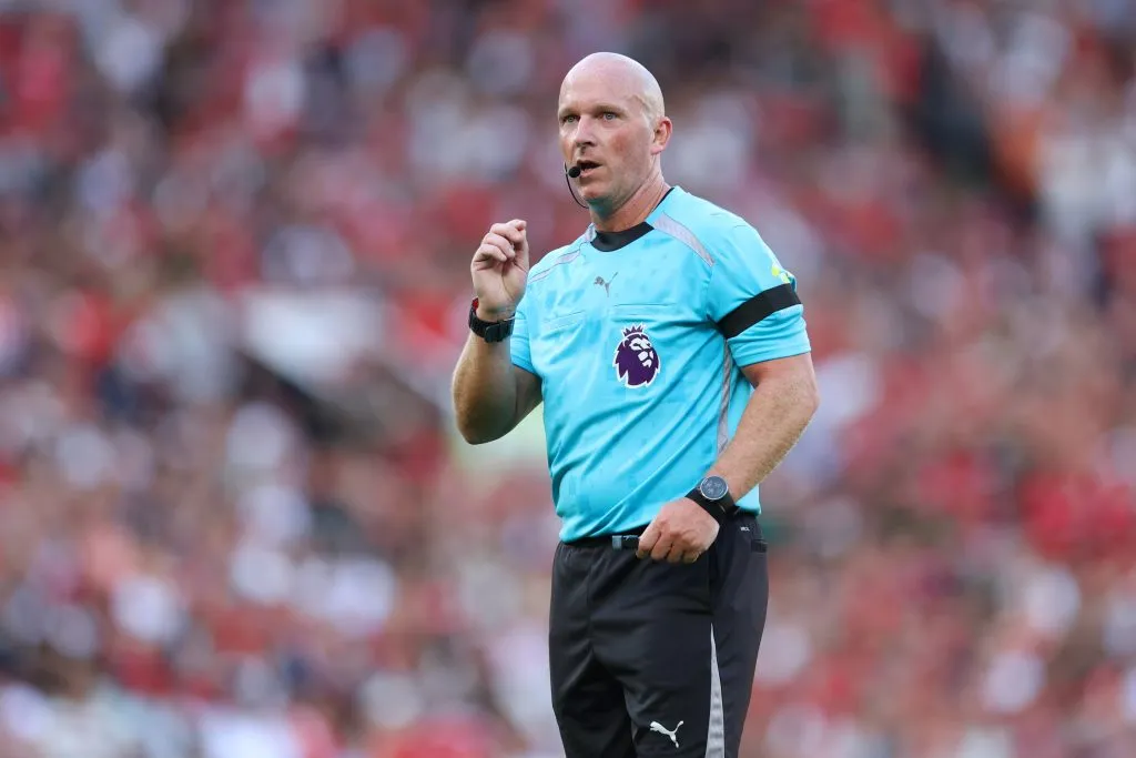 MANCHESTER, ENGLAND – AUGUST 17: Referee Simon Hooper looks on during the Premier League match between Manchester United and Arsenal at Old Trafford on August 17, 2025 in Manchester, England. (Photo by Michael Regan/Getty Images)