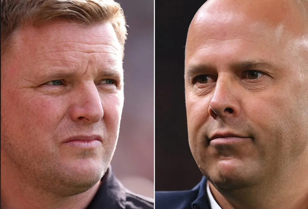 Técnico do Newcastle, Eddie Howe (esquerda) e Arne Slot, treinador do Liverpool. Newcastle x Liverpool se enfrentam nesta segunda (25) (Photo by Justin Setterfield/Getty Images)
