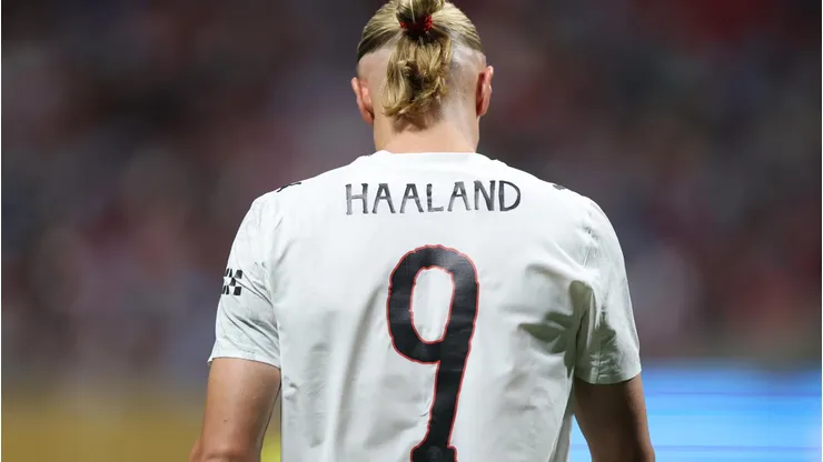 Erling Haaland, número 9 do Manchester City, reage durante a partida. Foto: Alex Grimm/Getty Images