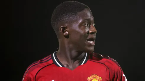 GRIMSBY, ENGLAND - AUGUST 27: Kobbie Mainoo of Manchester United looks on during the Carabao Cup Second Round match between Grimsby Town and Manchester United at Blundell Park on August 27, 2025 in Grimsby, England. (Photo by George Wood/Getty Images)