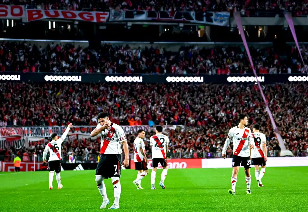 Maximiliano Salas do River Plate comemora após marcar o segundo gol do time durante uma partida do Torneo Clausura Betano 2025 entre River Plate e San Martin SJ no Estadio Más Monumental Antonio Vespucio Liberti em 31 de agosto de 2025 em Buenos Aires, Argentina. Foto: Marcelo Endelli/Getty Images