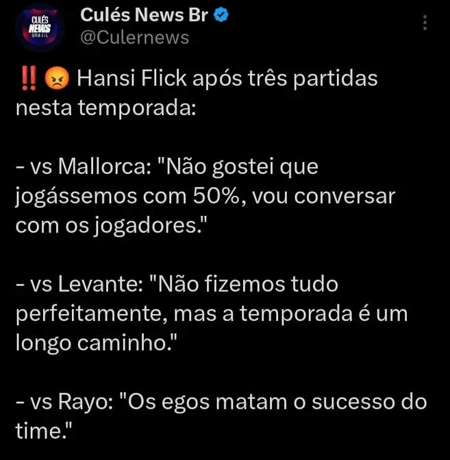 Perfil Culé News BR destacou as últimas declarações do treinador no X