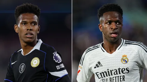 Estêvão, do Chelsea (Foto: y Justin Setterfield/getty images) e Vini JR (Aitor Alcalde/Getty Images)