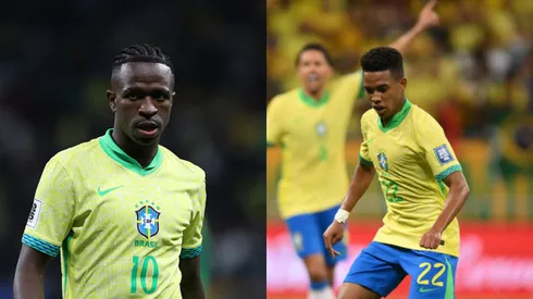 Vini Jr (à esquerda) e Estêvão em ação pela Seleção Brasileira.