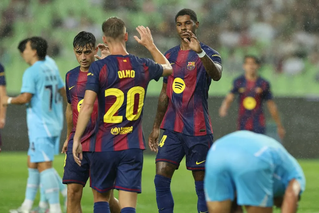 Marcus Rashford, do FC Barcelona, ​​comemora o quinto gol de sua equipe durante o amistoso de pré-temporada entre o FC Barcelona e o Daegu FC no Estádio Daegu, em 4 de agosto de 2025, em Daegu, Coreia do Sul. Foto: Han Myung-Gu/Getty Images