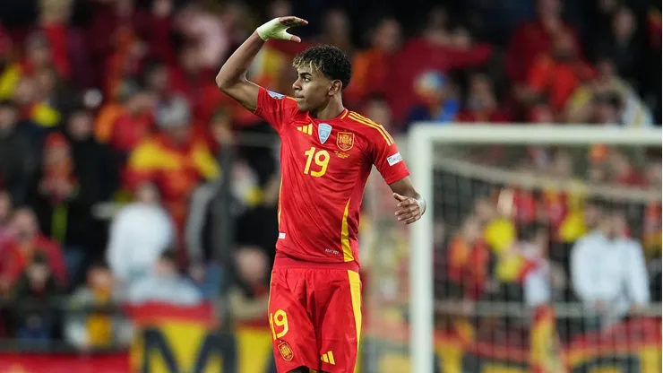 VALENCIA, SPAIN - MARCH 23: Lamine Yamal of Spain celebrates scoring his team's third goal during the UEFA Nations League Quarterfinal Leg Two match between Spain and Netherlands at Mestalla Stadium on March 23, 2025 in Valencia, Spain. (Photo by Aitor Alcalde/Getty Images)