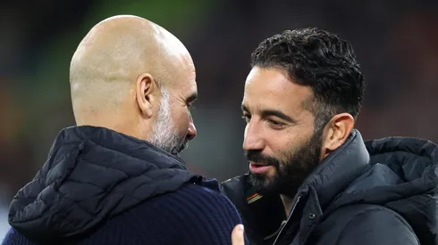 Ruben Amorim e Pep Guardiola em Manchester Unitex x Manchester City. (Photo by Carl Recine/Getty Images)
