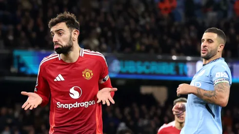 Bruno Fernandes e Kyle Walker em confronto entre equipes.