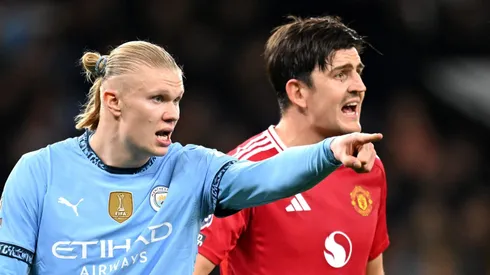 Haaland em jogo contra o Manchester United. Foto: Michael Regan/Getty Images