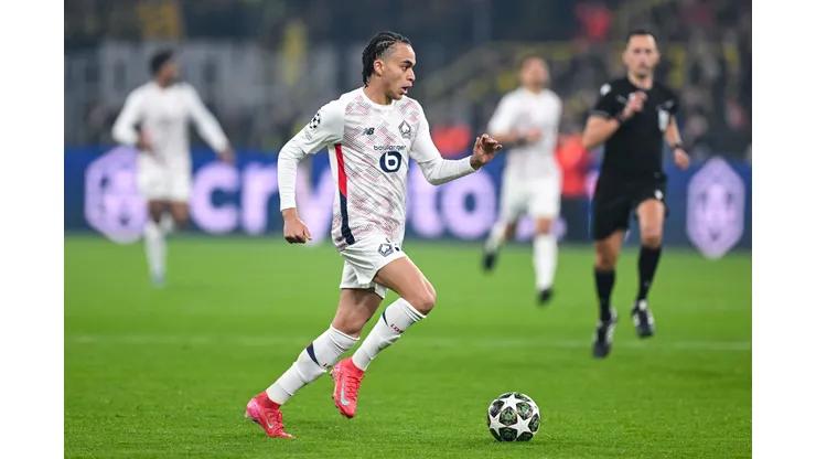 Ethan Mbappé, do Lille, em ação durante a partida de ida das oitavas de final da Liga dos Campeões da UEFA 2024/25 entre Borussia Dortmund e LOSC Lille, em 4 de março de 2025, em Dortmund, Alemanha. Foto: Daniel Kopatsch/Getty Images