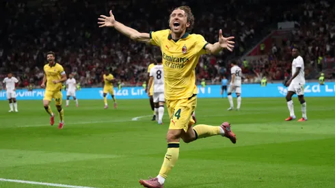 Luka Modric, do Milan, comemora o primeiro gol de sua equipe durante a partida da Série A entre Milan e Bologna FC 1909, no Estádio Giuseppe Meazza, em 14 de setembro de 2025, em Milão, Itália. Foto: Marco Luzzani/Getty Images