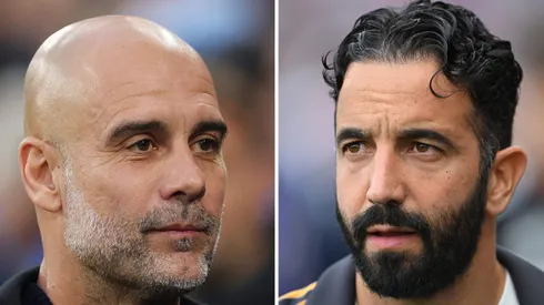Guardiola, treinador do Manchester City (Foto: Carl Recine/Getty Images) Amorim, técnico do Manchester United (Foto: Mike Hewitt/Getty Images)