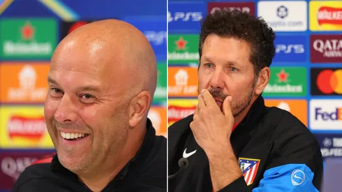 Arne Slot, treinador do Liverpool , de jaqueta preta e Diego Simeone de jaqueta preta (Fotos: (Molly Darlington/Getty Images)
