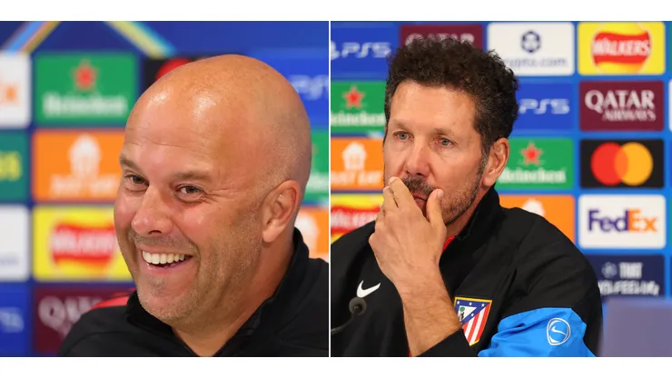 Arne Slot, treinador do Liverpool , de jaqueta preta e Diego Simeone de jaqueta preta (Fotos: (Molly Darlington/Getty Images)